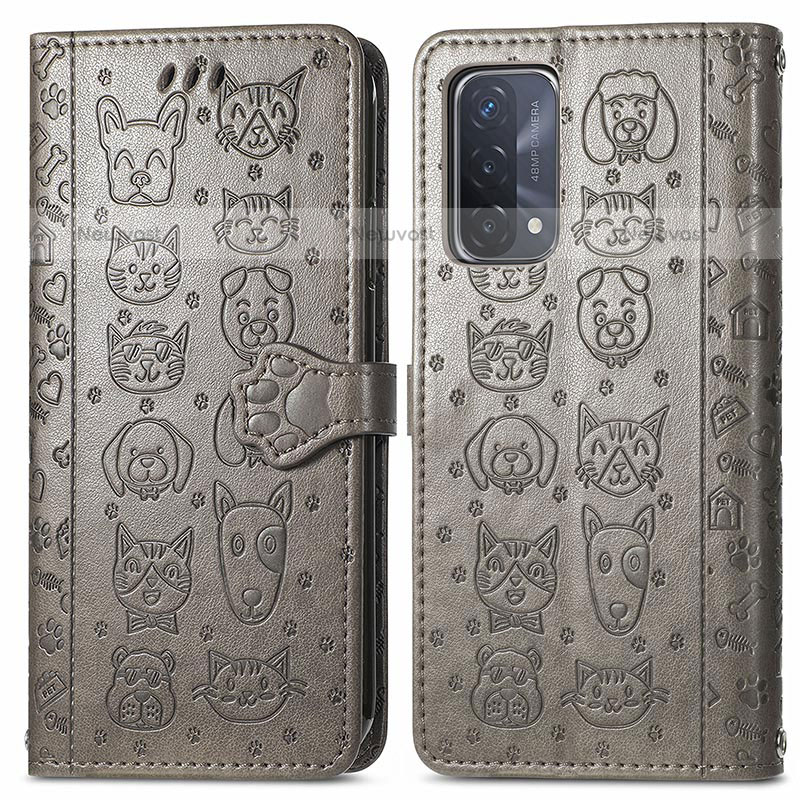 Leather Case Stands Fashionable Pattern Flip Cover Holder S03D for OnePlus Nord N200 5G Gray