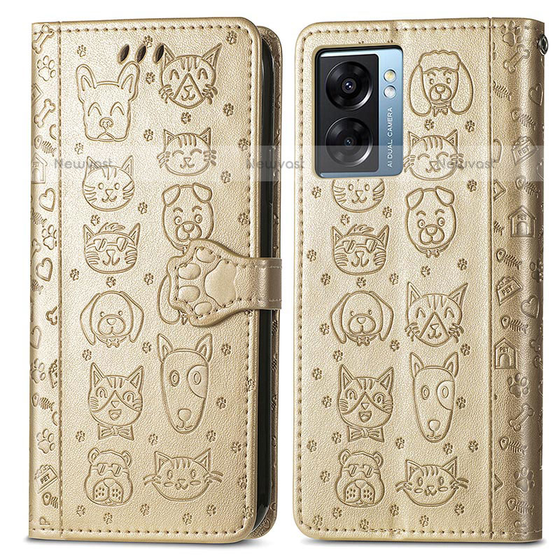 Leather Case Stands Fashionable Pattern Flip Cover Holder S03D for OnePlus Nord N300 5G Gold