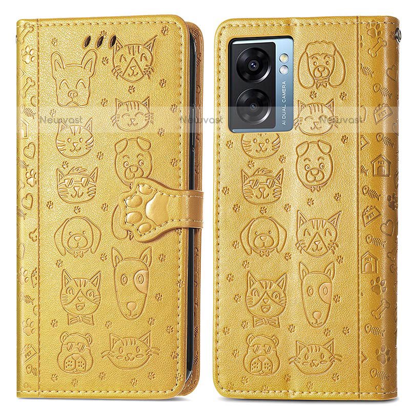 Leather Case Stands Fashionable Pattern Flip Cover Holder S03D for OnePlus Nord N300 5G Yellow