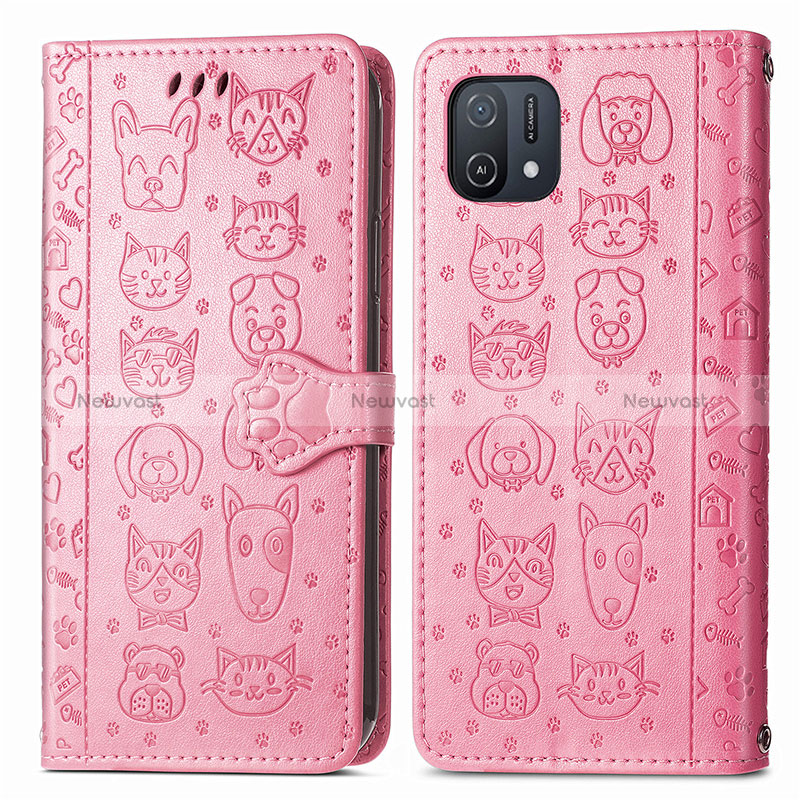 Leather Case Stands Fashionable Pattern Flip Cover Holder S03D for Oppo A16K Pink