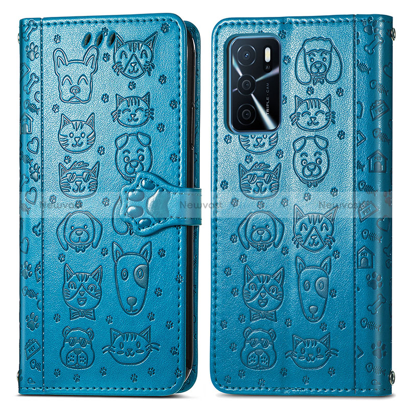 Leather Case Stands Fashionable Pattern Flip Cover Holder S03D for Oppo A16s Blue