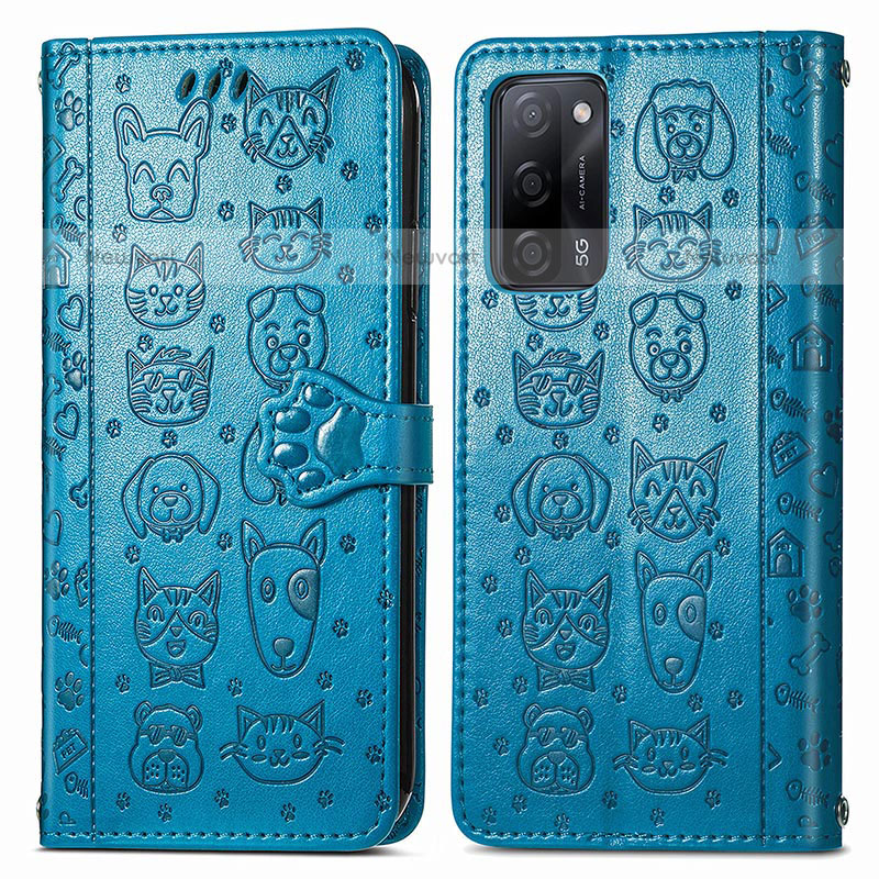 Leather Case Stands Fashionable Pattern Flip Cover Holder S03D for Oppo A55 5G Blue