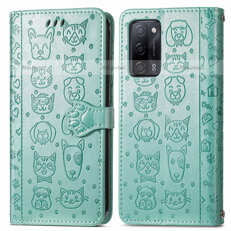 Leather Case Stands Fashionable Pattern Flip Cover Holder S03D for Oppo A55 5G Green