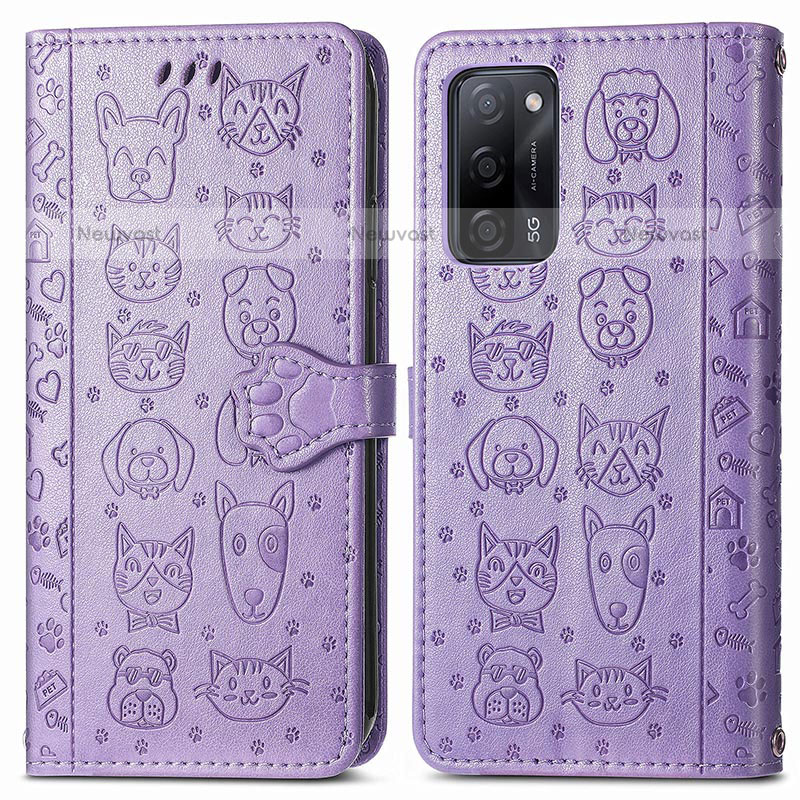 Leather Case Stands Fashionable Pattern Flip Cover Holder S03D for Oppo A55 5G Purple