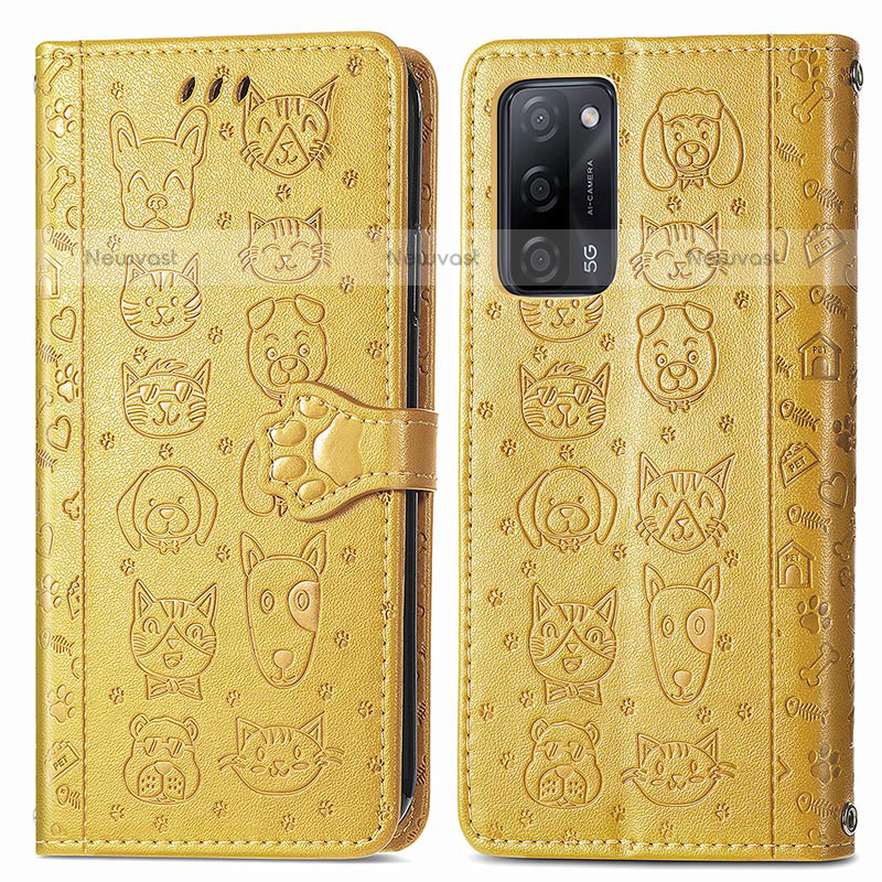 Leather Case Stands Fashionable Pattern Flip Cover Holder S03D for Oppo A55 5G Yellow