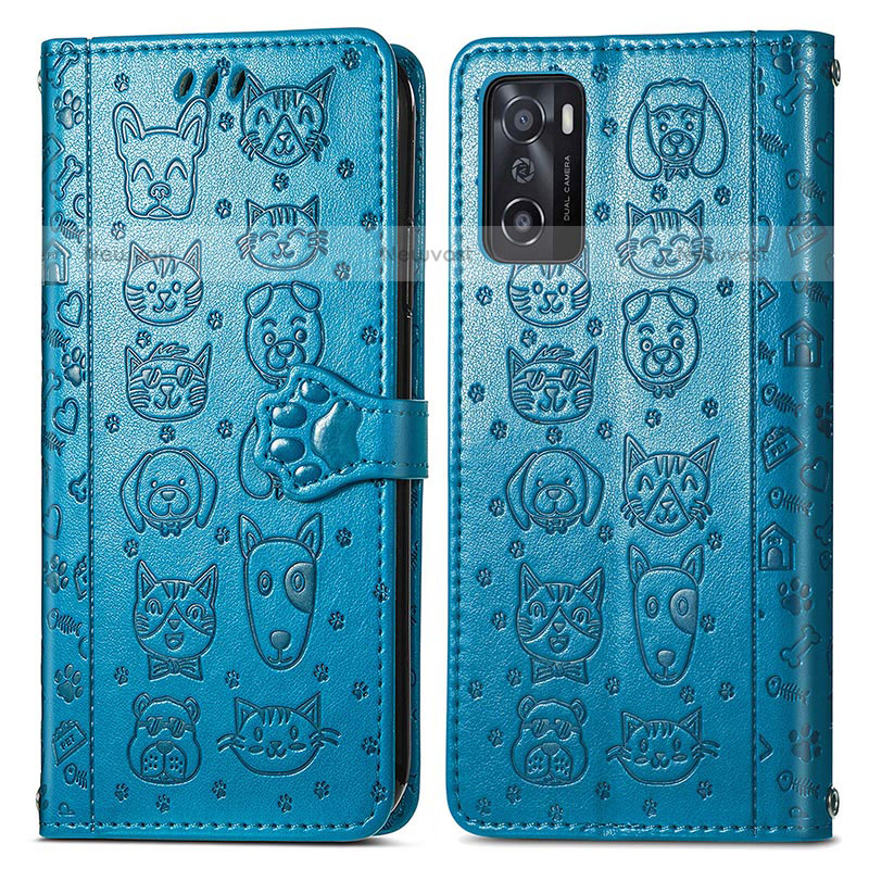 Leather Case Stands Fashionable Pattern Flip Cover Holder S03D for Oppo A55S 5G Blue
