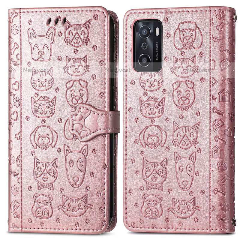 Leather Case Stands Fashionable Pattern Flip Cover Holder S03D for Oppo A55S 5G Rose Gold
