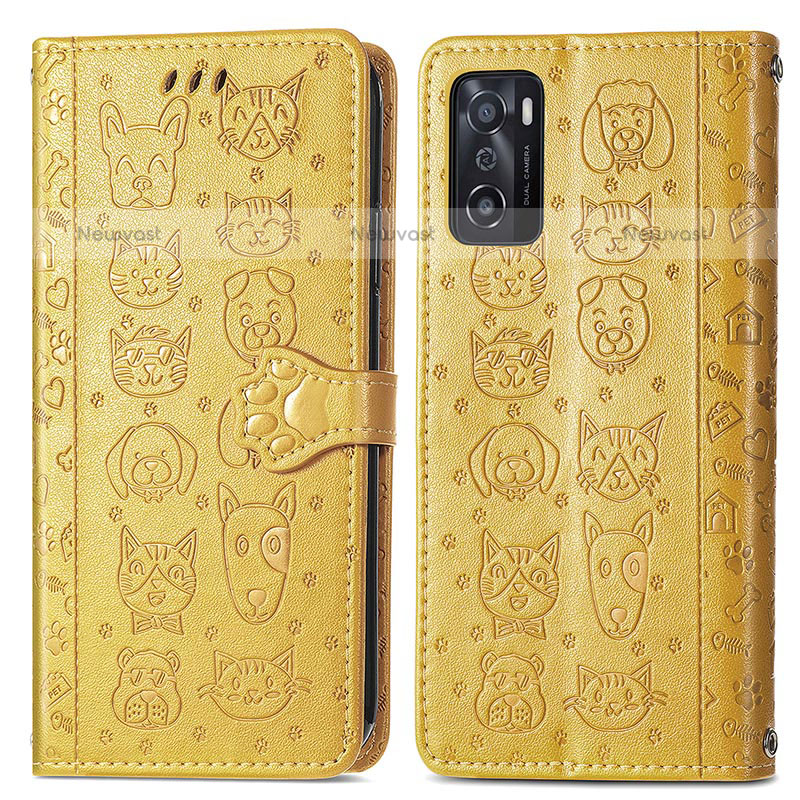 Leather Case Stands Fashionable Pattern Flip Cover Holder S03D for Oppo A55S 5G Yellow