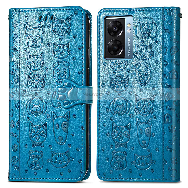 Leather Case Stands Fashionable Pattern Flip Cover Holder S03D for Oppo A77 5G Blue