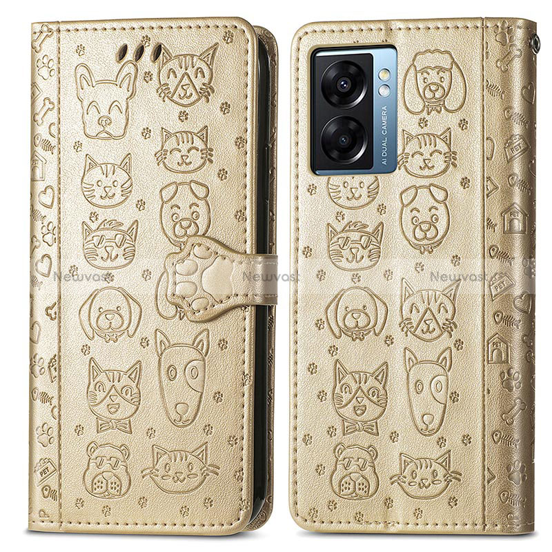 Leather Case Stands Fashionable Pattern Flip Cover Holder S03D for Oppo A77 5G Gold