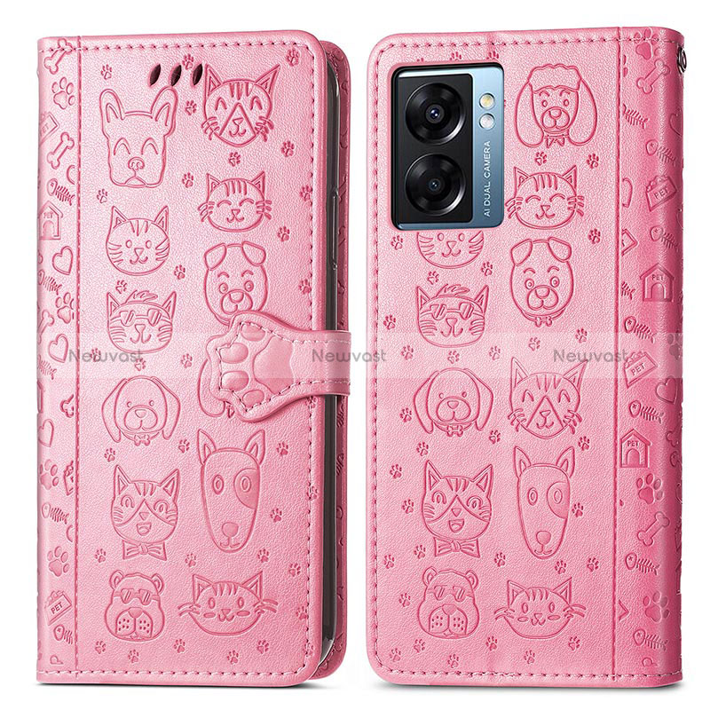 Leather Case Stands Fashionable Pattern Flip Cover Holder S03D for Oppo A77 5G Pink