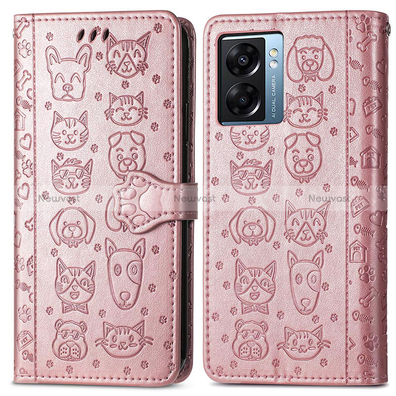 Leather Case Stands Fashionable Pattern Flip Cover Holder S03D for Oppo A77 5G Rose Gold