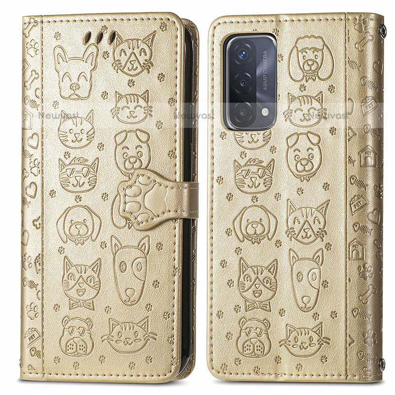 Leather Case Stands Fashionable Pattern Flip Cover Holder S03D for Oppo A93 5G Gold