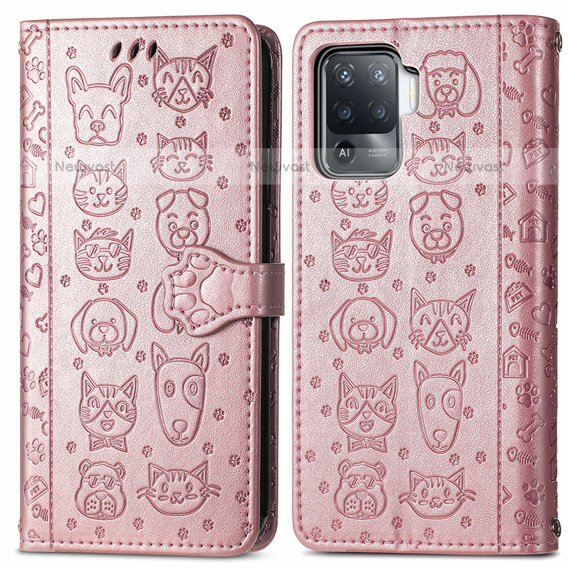 Leather Case Stands Fashionable Pattern Flip Cover Holder S03D for Oppo A94 4G Rose Gold
