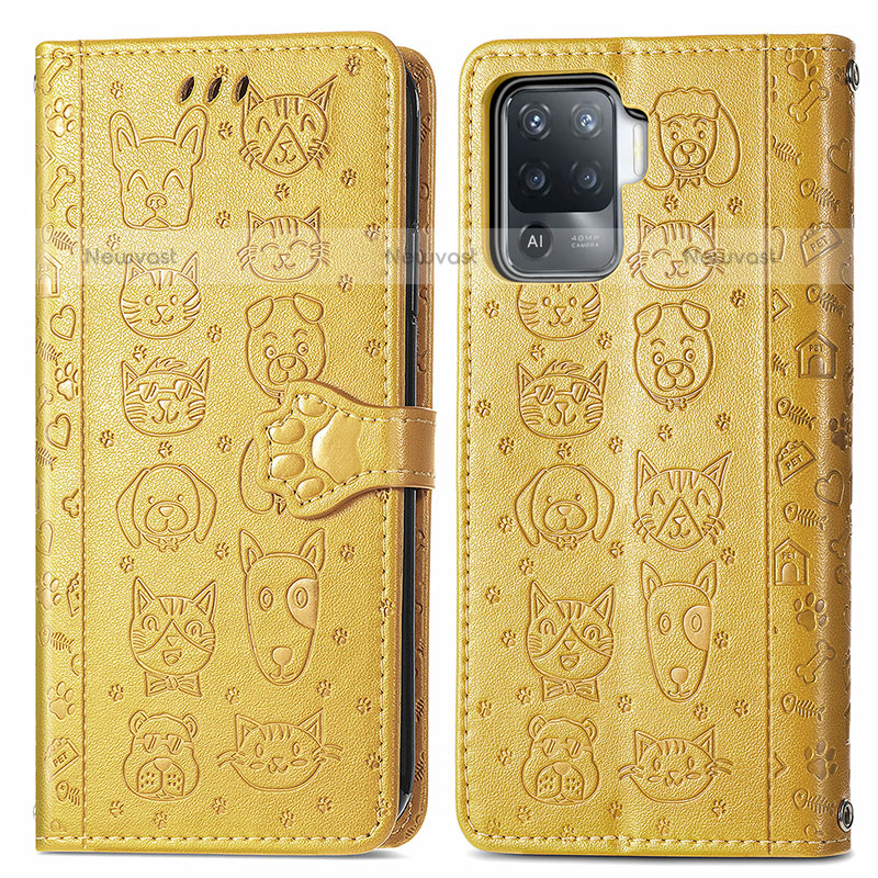 Leather Case Stands Fashionable Pattern Flip Cover Holder S03D for Oppo A94 4G Yellow