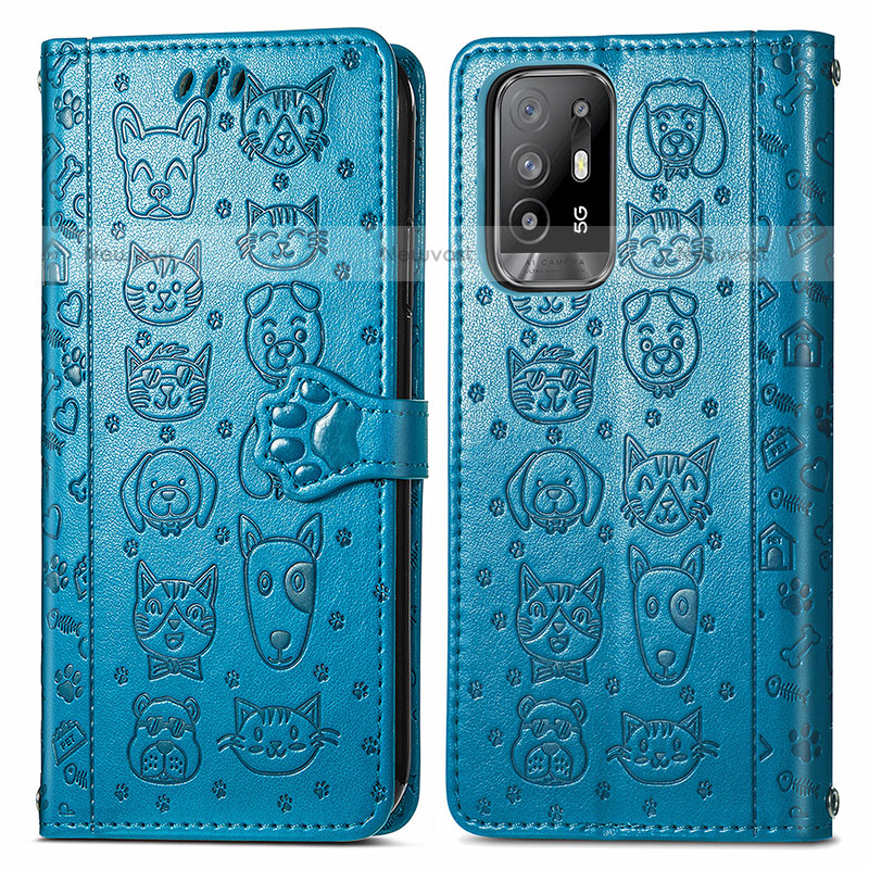 Leather Case Stands Fashionable Pattern Flip Cover Holder S03D for Oppo A94 5G Blue