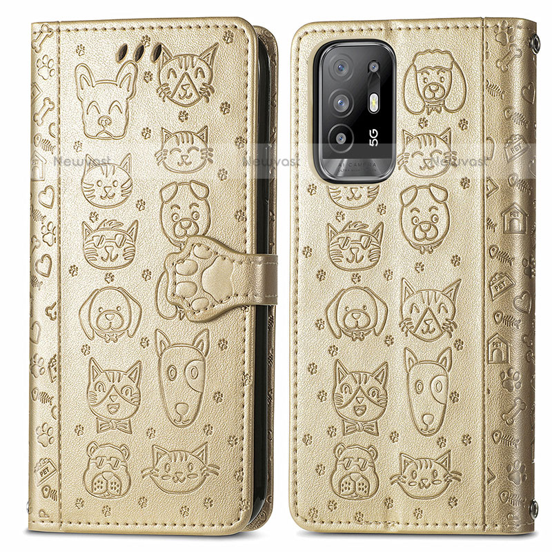 Leather Case Stands Fashionable Pattern Flip Cover Holder S03D for Oppo F19 Pro+ Plus 5G Gold