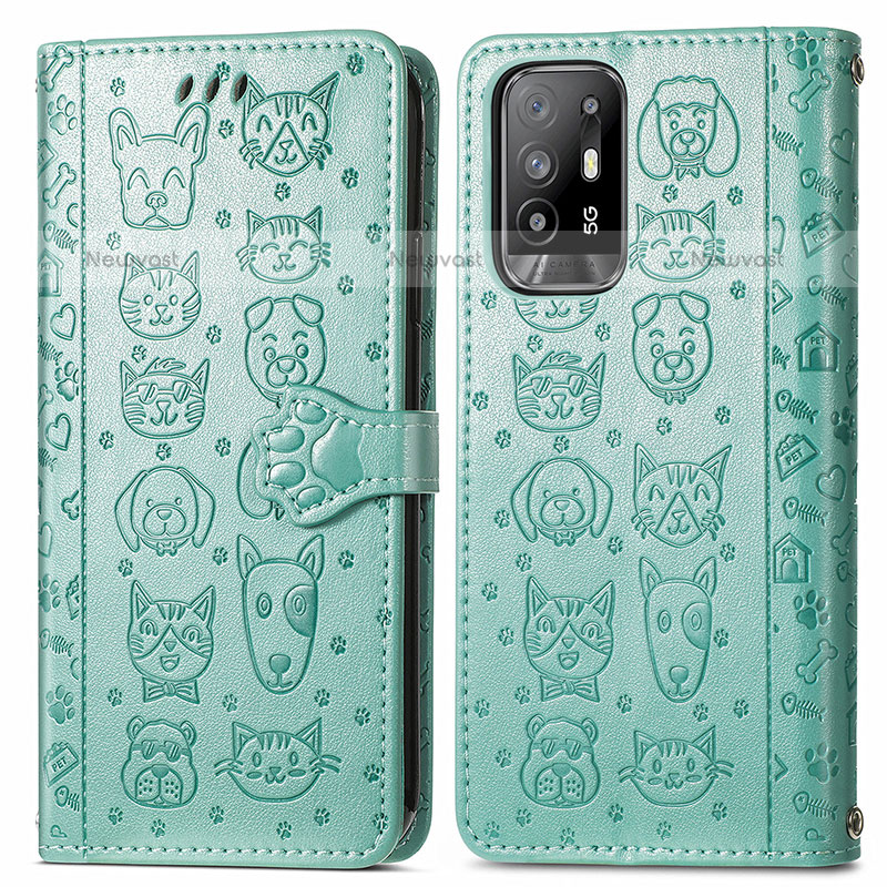 Leather Case Stands Fashionable Pattern Flip Cover Holder S03D for Oppo F19 Pro+ Plus 5G Green