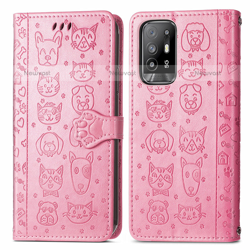 Leather Case Stands Fashionable Pattern Flip Cover Holder S03D for Oppo F19 Pro+ Plus 5G Pink