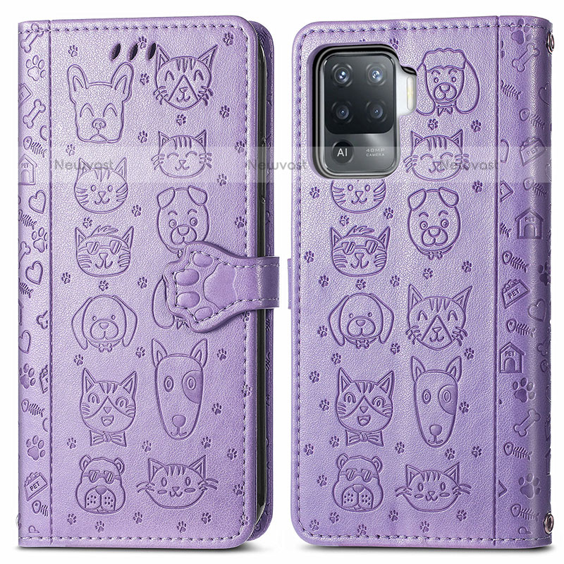 Leather Case Stands Fashionable Pattern Flip Cover Holder S03D for Oppo F19 Pro Purple