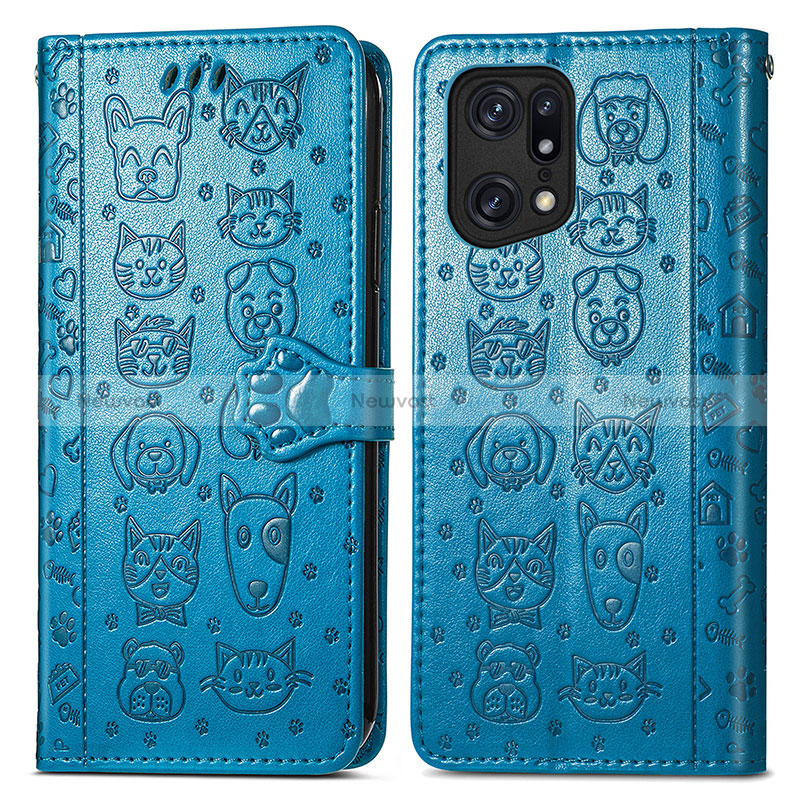 Leather Case Stands Fashionable Pattern Flip Cover Holder S03D for Oppo Find X5 5G Blue