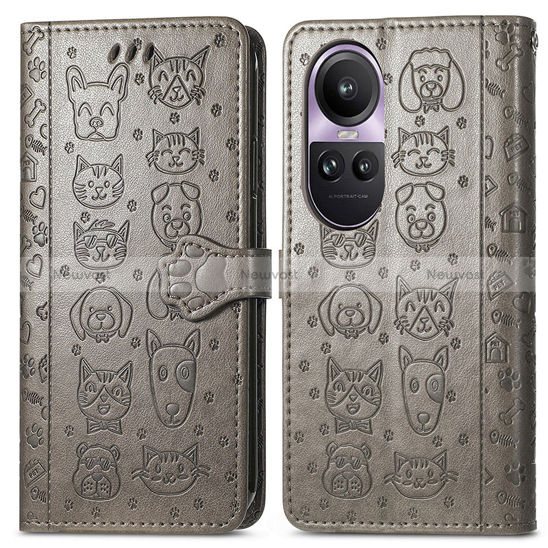 Leather Case Stands Fashionable Pattern Flip Cover Holder S03D for Oppo Reno10 5G Gray