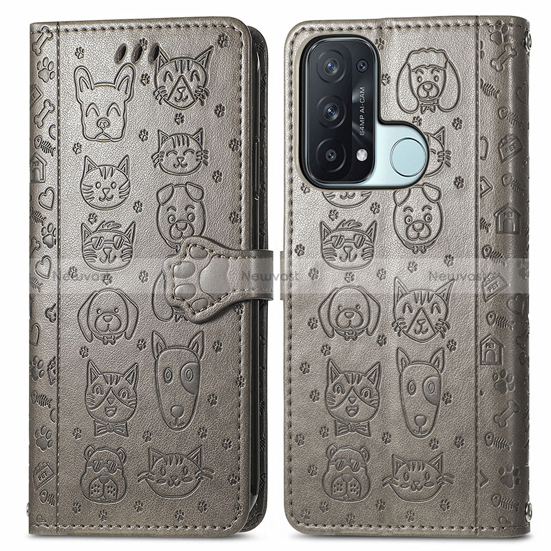 Leather Case Stands Fashionable Pattern Flip Cover Holder S03D for Oppo Reno5 A Gray