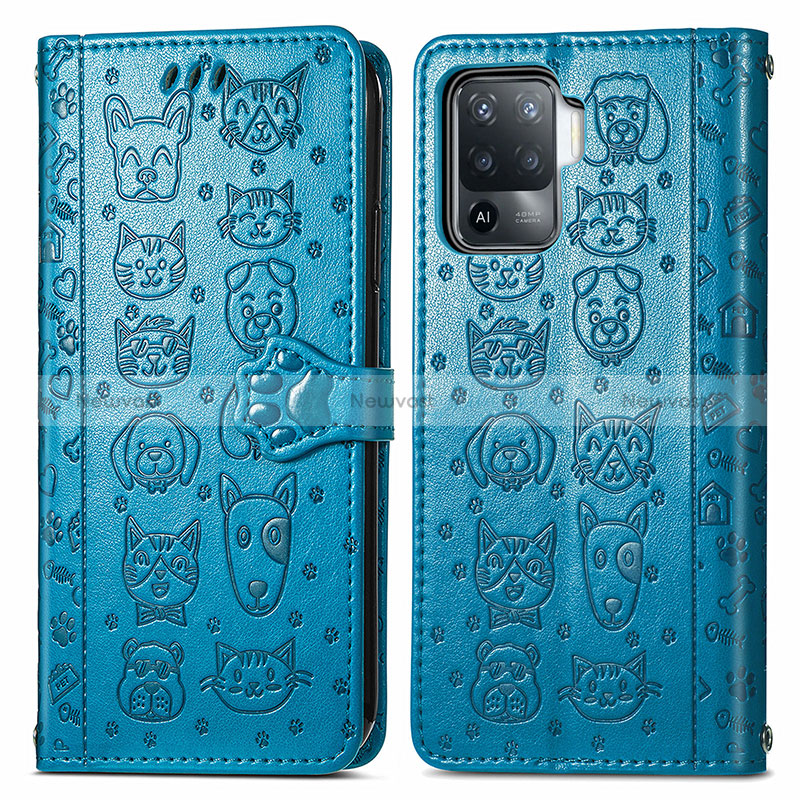 Leather Case Stands Fashionable Pattern Flip Cover Holder S03D for Oppo Reno5 F Blue