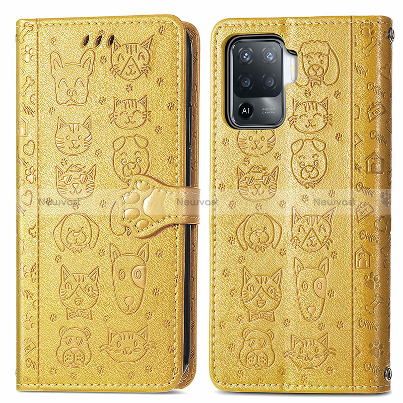 Leather Case Stands Fashionable Pattern Flip Cover Holder S03D for Oppo Reno5 F Yellow