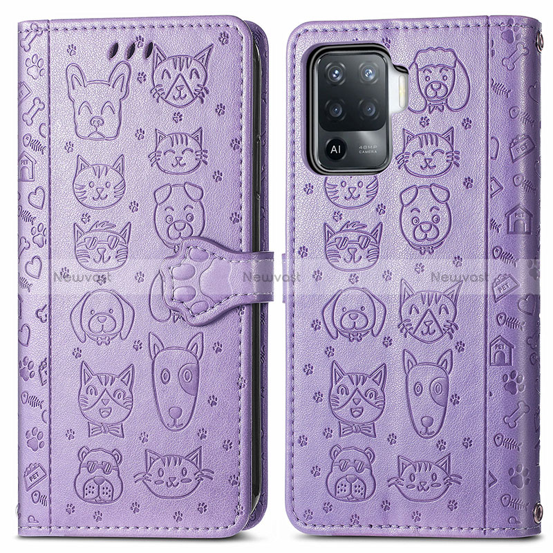 Leather Case Stands Fashionable Pattern Flip Cover Holder S03D for Oppo Reno5 Lite Purple