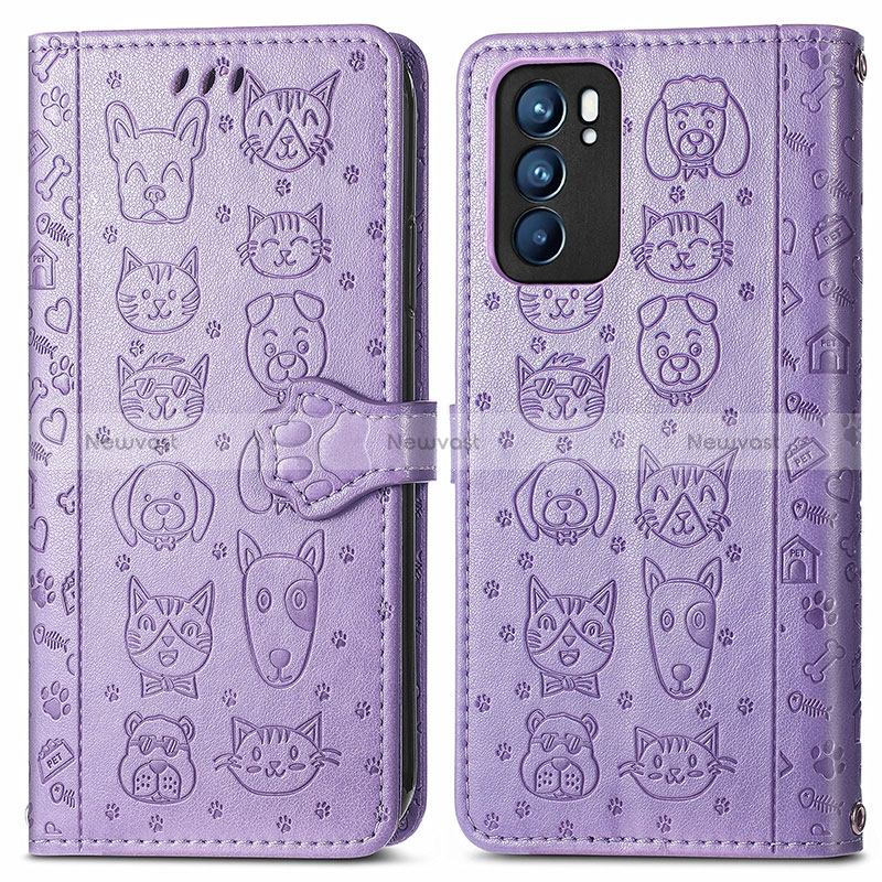 Leather Case Stands Fashionable Pattern Flip Cover Holder S03D for Oppo Reno6 5G Purple