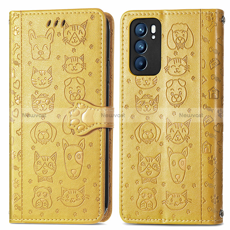 Leather Case Stands Fashionable Pattern Flip Cover Holder S03D for Oppo Reno6 5G Yellow