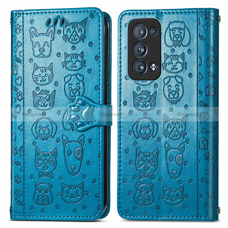 Leather Case Stands Fashionable Pattern Flip Cover Holder S03D for Oppo Reno6 Pro 5G Blue