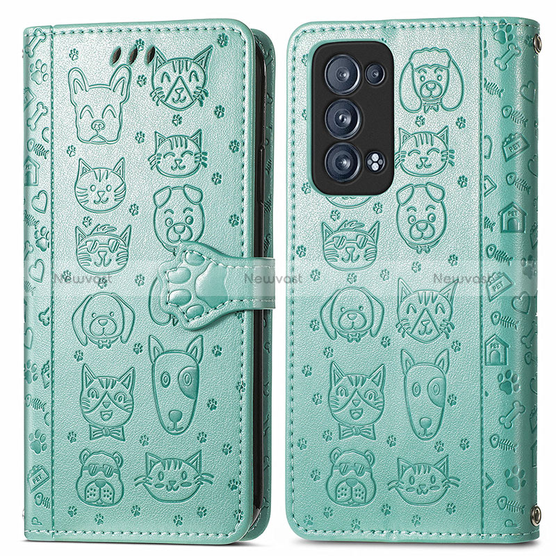 Leather Case Stands Fashionable Pattern Flip Cover Holder S03D for Oppo Reno6 Pro 5G Green