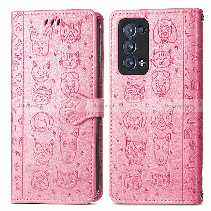 Leather Case Stands Fashionable Pattern Flip Cover Holder S03D for Oppo Reno6 Pro 5G Pink