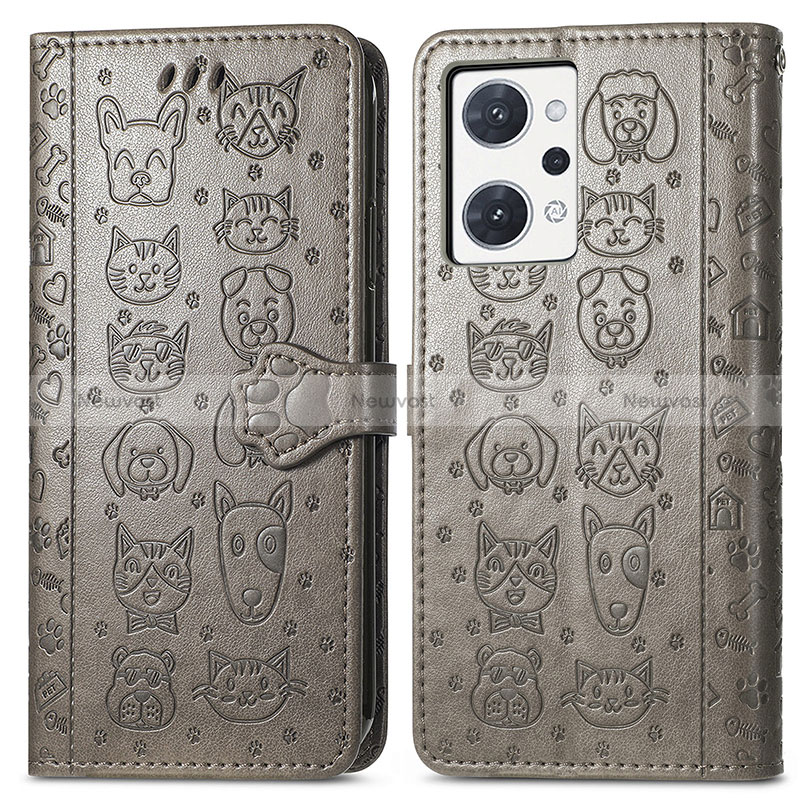 Leather Case Stands Fashionable Pattern Flip Cover Holder S03D for Oppo Reno7 A Gray