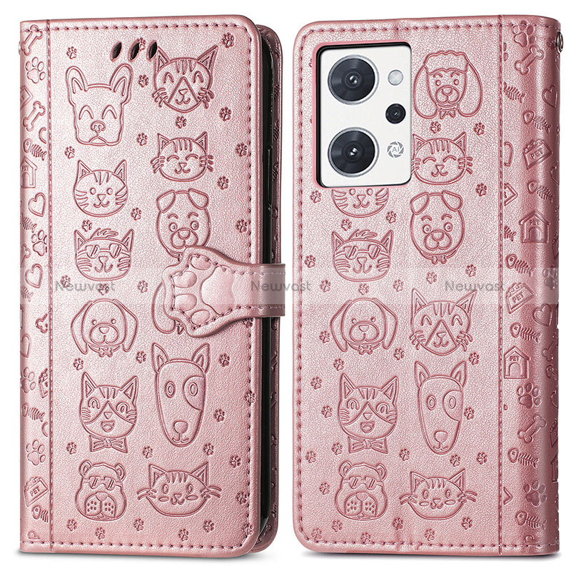 Leather Case Stands Fashionable Pattern Flip Cover Holder S03D for Oppo Reno7 A Rose Gold