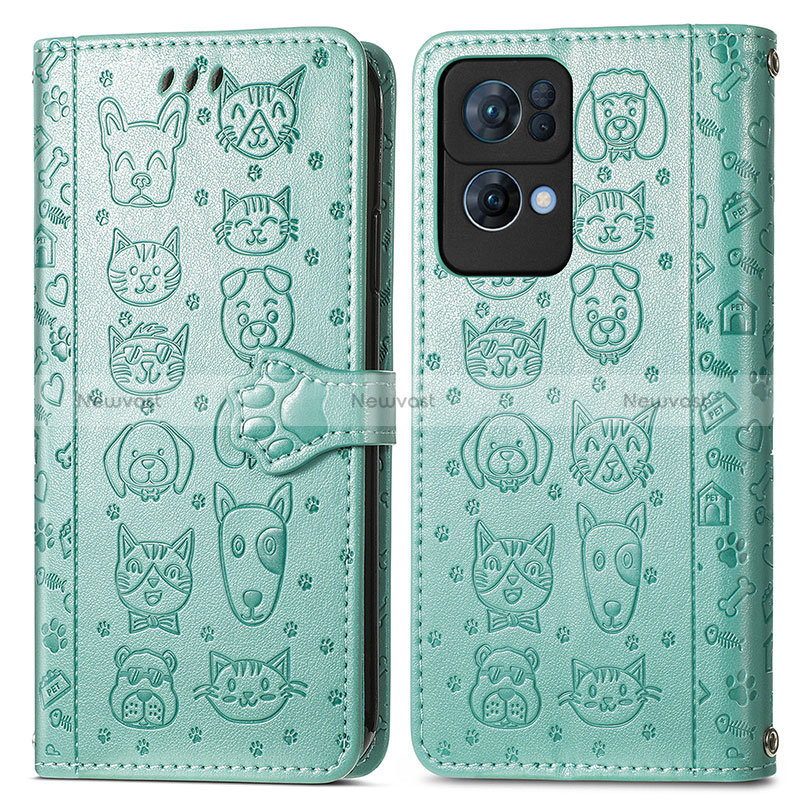 Leather Case Stands Fashionable Pattern Flip Cover Holder S03D for Oppo Reno7 Pro 5G Green