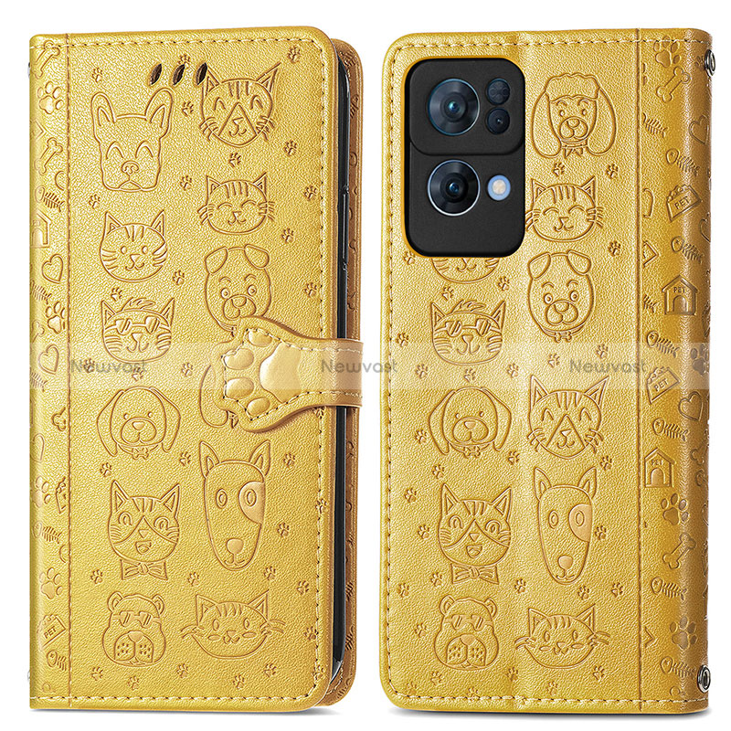 Leather Case Stands Fashionable Pattern Flip Cover Holder S03D for Oppo Reno7 Pro 5G Yellow