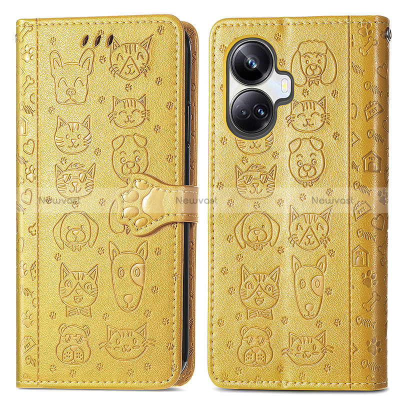 Leather Case Stands Fashionable Pattern Flip Cover Holder S03D for Realme 10 Pro+ Plus 5G Yellow