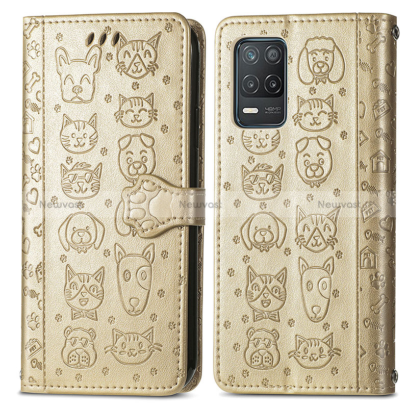 Leather Case Stands Fashionable Pattern Flip Cover Holder S03D for Realme 9 5G India Gold