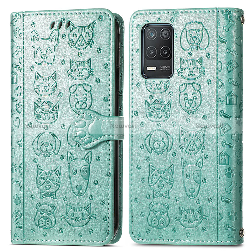 Leather Case Stands Fashionable Pattern Flip Cover Holder S03D for Realme 9 5G India Green