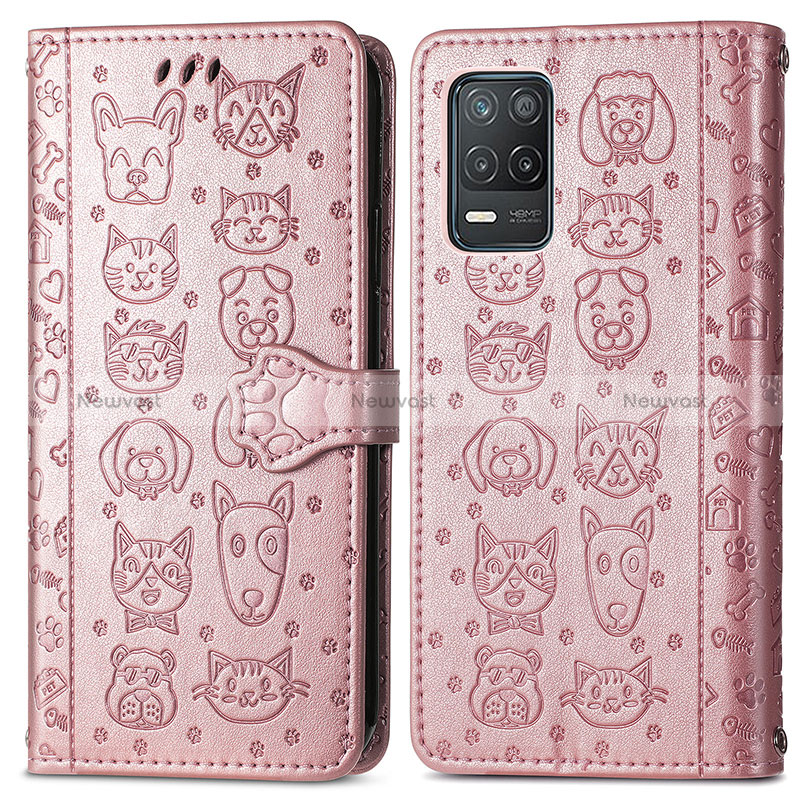 Leather Case Stands Fashionable Pattern Flip Cover Holder S03D for Realme 9 5G India Rose Gold