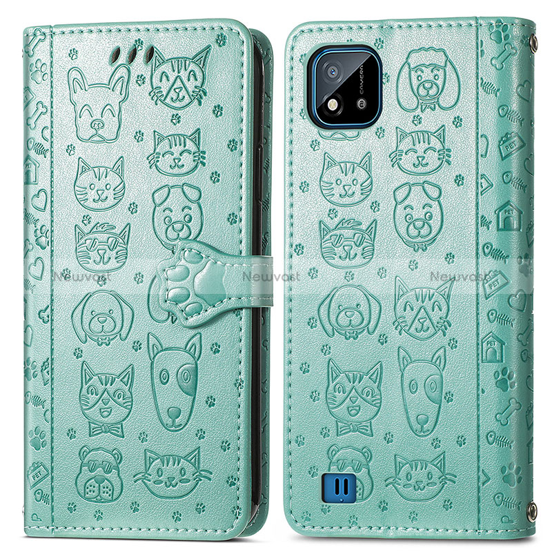 Leather Case Stands Fashionable Pattern Flip Cover Holder S03D for Realme C20 Green