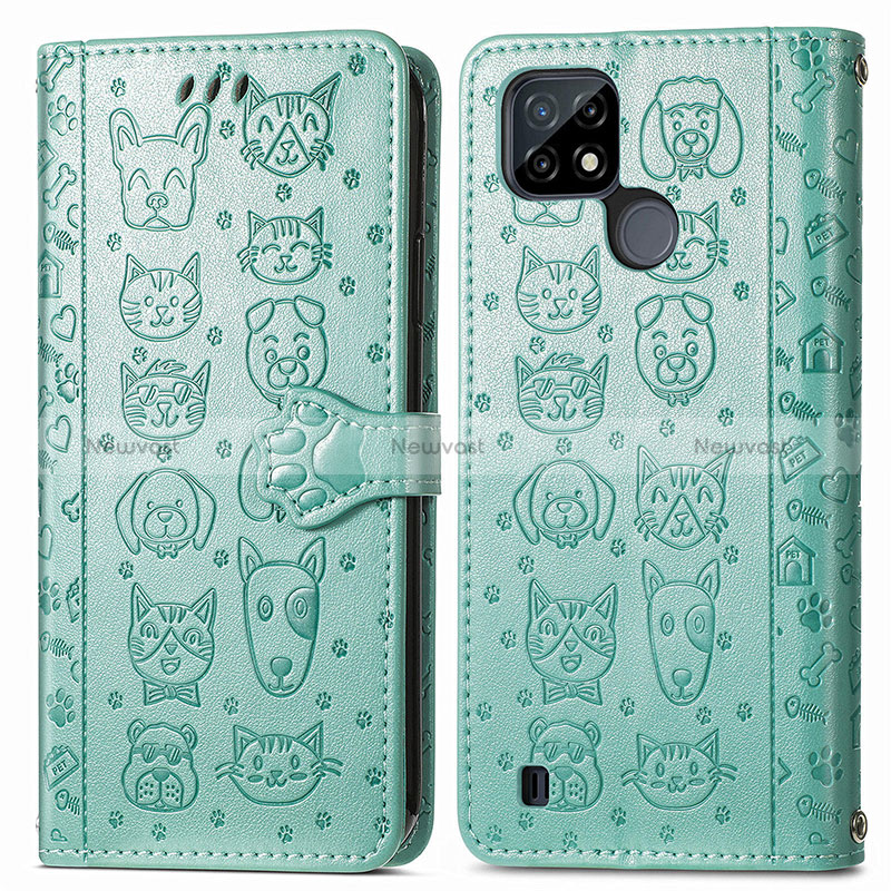 Leather Case Stands Fashionable Pattern Flip Cover Holder S03D for Realme C21Y Green