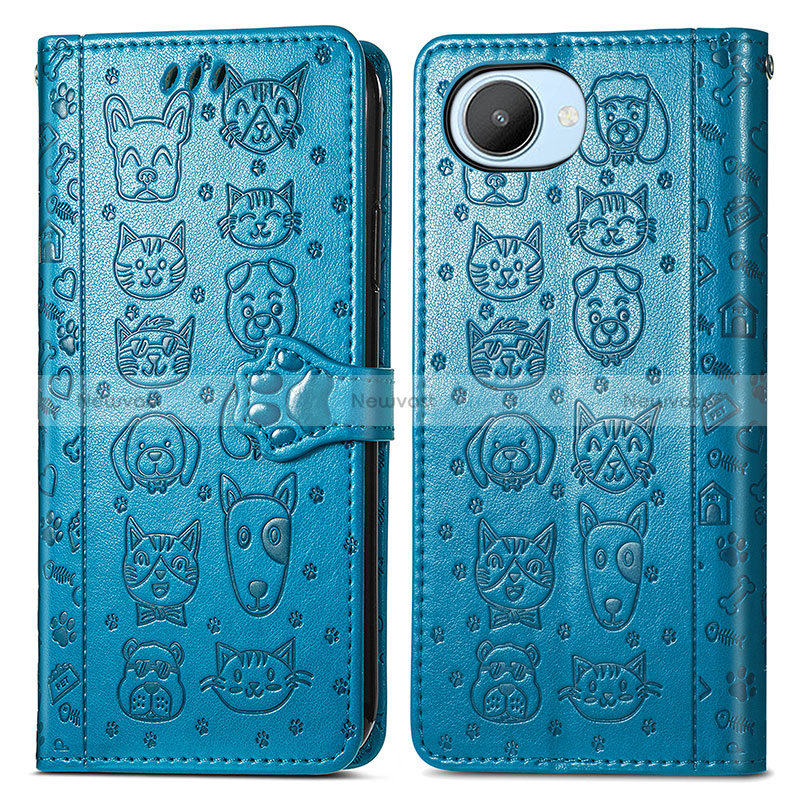 Leather Case Stands Fashionable Pattern Flip Cover Holder S03D for Realme C30 Blue