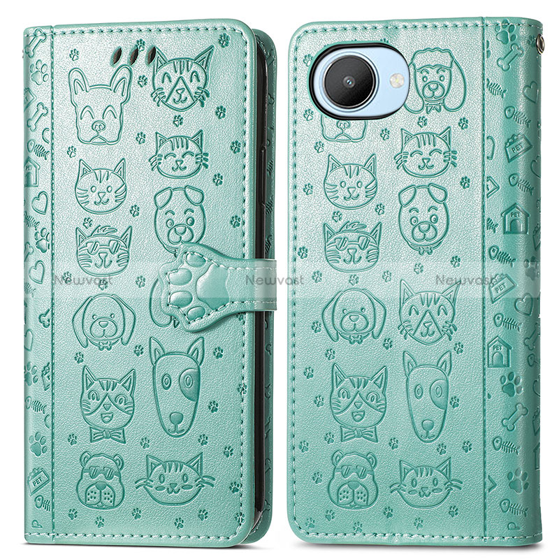 Leather Case Stands Fashionable Pattern Flip Cover Holder S03D for Realme C30s Green