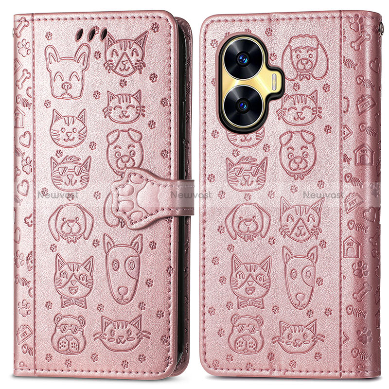 Leather Case Stands Fashionable Pattern Flip Cover Holder S03D for Realme C55 Rose Gold