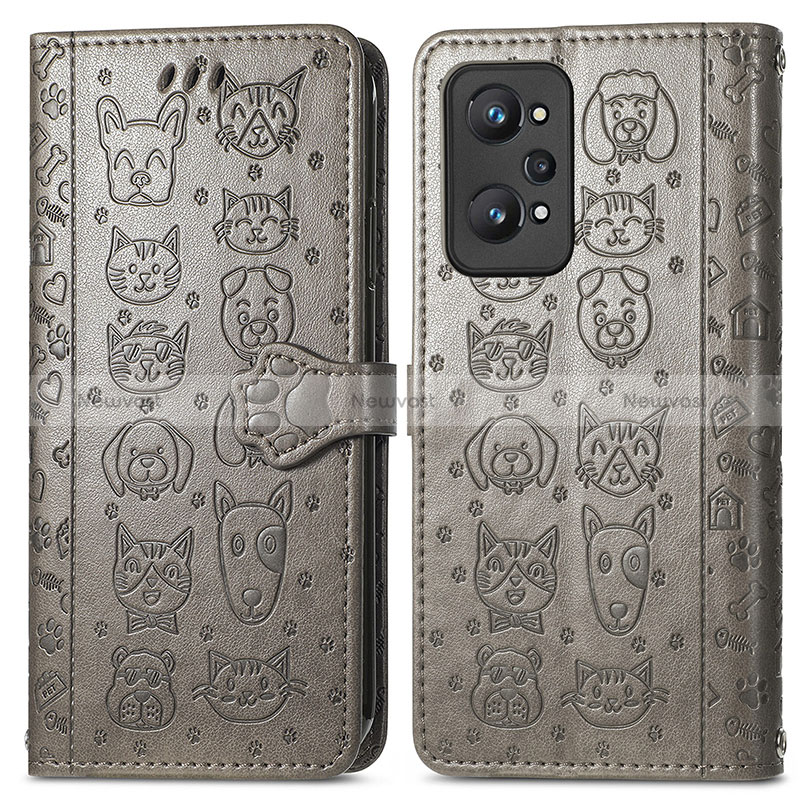 Leather Case Stands Fashionable Pattern Flip Cover Holder S03D for Realme GT2 5G Gray