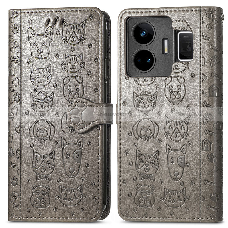 Leather Case Stands Fashionable Pattern Flip Cover Holder S03D for Realme GT3 5G Gray